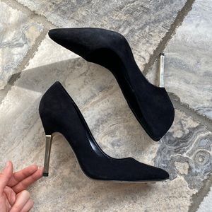 Gold heel suede shoe